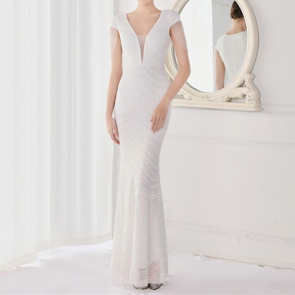 Women's V Neck Maxi Evening Gown Party Wedding Dress M - Picture 1 of 8